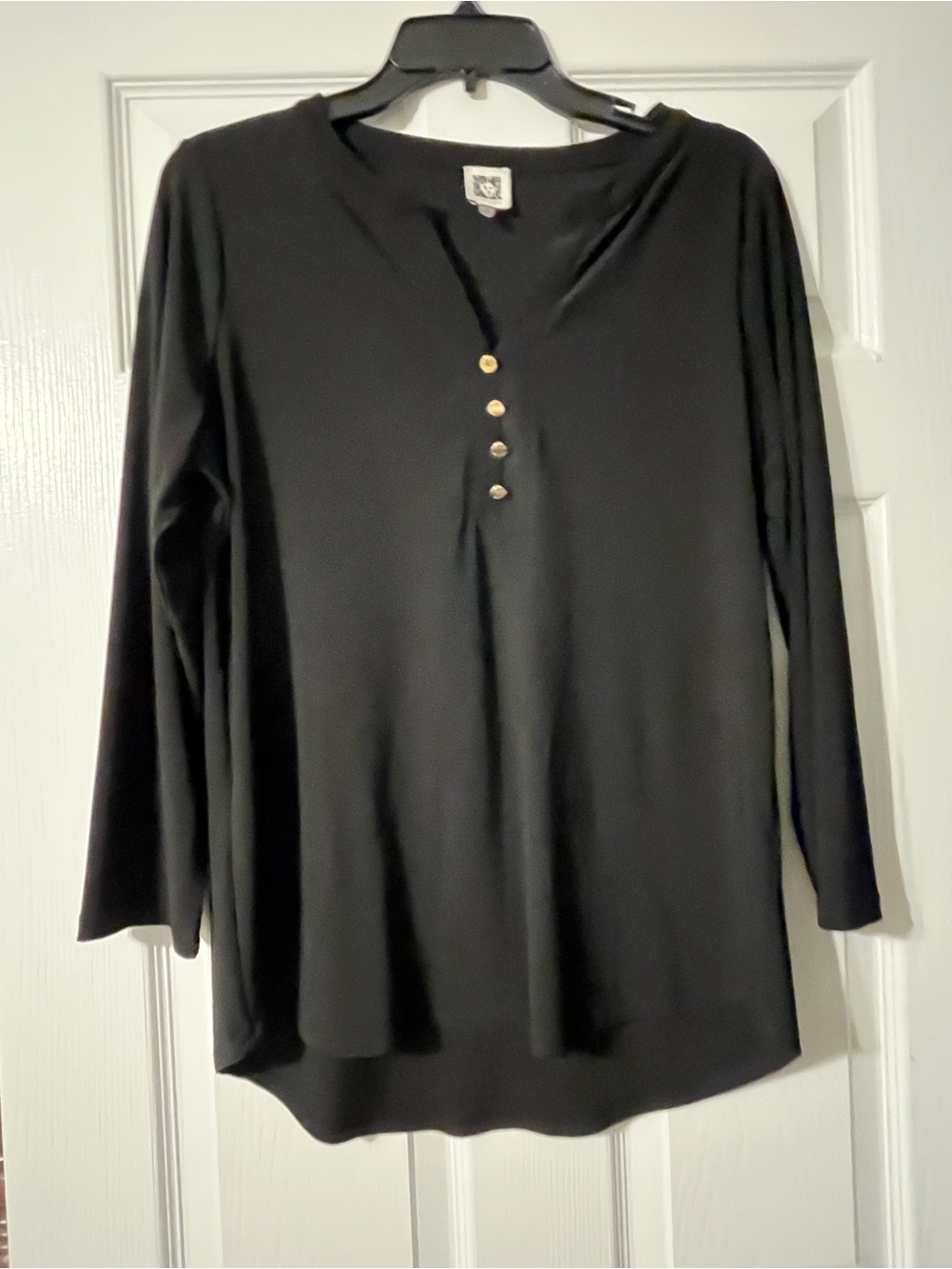 Anne Klein Black Long Sleeve Henley Top with Gold Buttons